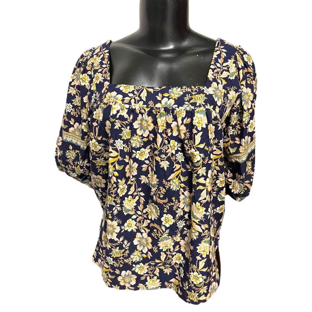 XS Roan + Ryan Square Neck Floral Short Sleeve Womens Shirt Boho